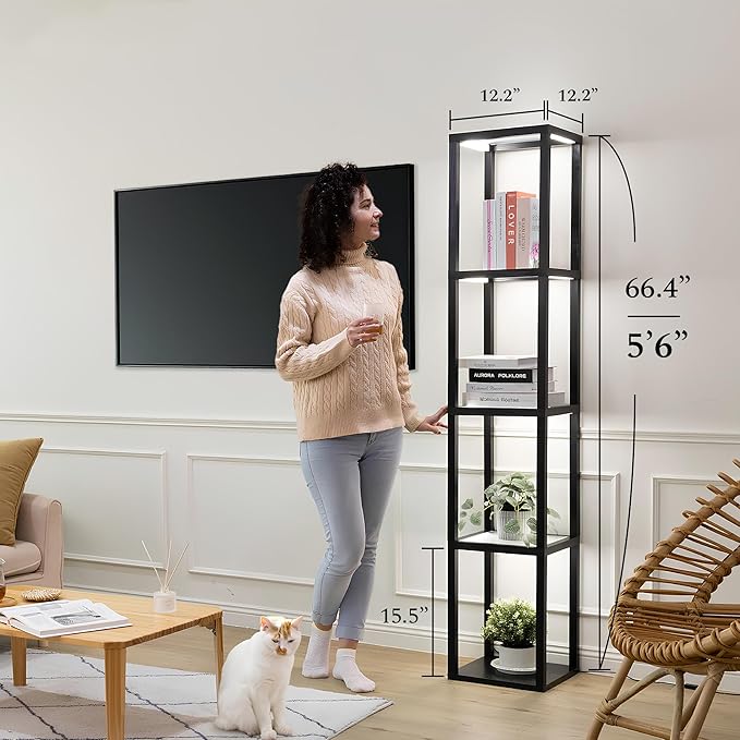 FENLO Fantasy Pro - 66" Glass Dimmable LED Floor Lamp with Shelves for Bedroom, Tempered Glass Display Shelf Lamp for Living Room, Open Display Stand for Business, Long Lasting LED, Unique Home Decor - LeafyLoom