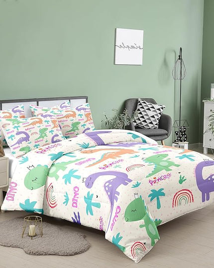 NINENINE Dinosaur Bedding Sets for Kids,Twin Comforter Sets for Girls,Girls Dinosaur Comforter Bedding Sets,Kawaii Cartoon Comforter Sets with 1 Comforter 1Pillowcase - LeafyLoom