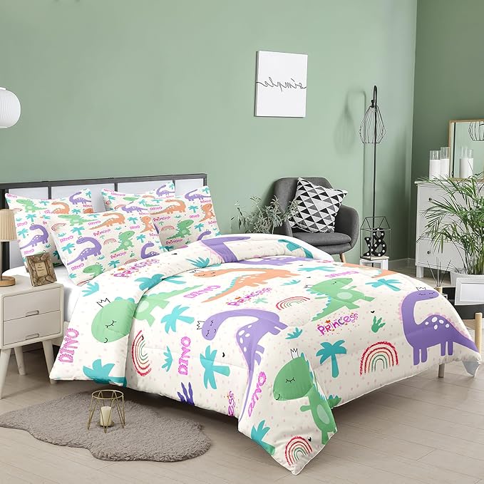 NINENINE Dinosaur Bedding Sets for Kids,Twin Comforter Sets for Girls,Girls Dinosaur Comforter Bedding Sets,Kawaii Cartoon Comforter Sets with 1 Comforter 1Pillowcase - LeafyLoom
