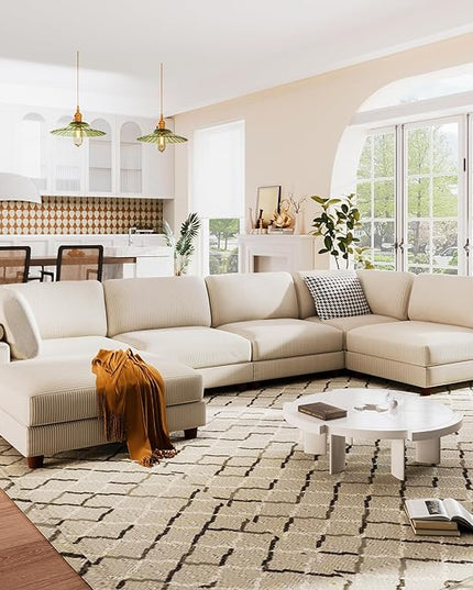 163.8" Large L Shaped Modular Sectional Sofa with Ottoman, 6-Seater Upholstered Combination Corner Couch for Living Room Office Spacious Space Furniture Sets, Beige, 163.8 Inch - LeafyLoom
