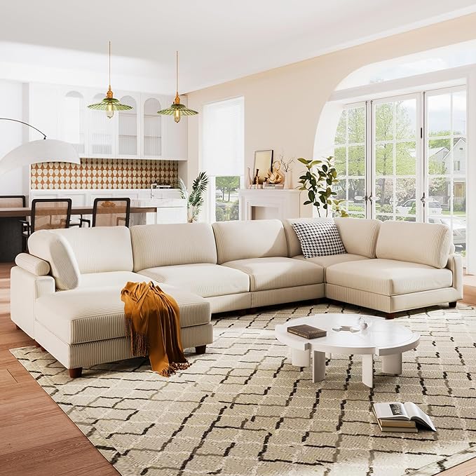 163.8" Large L Shaped Modular Sectional Sofa with Ottoman, 6-Seater Upholstered Combination Corner Couch for Living Room Office Spacious Space Furniture Sets, Beige, 163.8 Inch - LeafyLoom