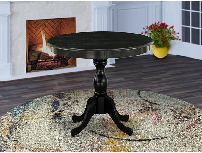 East West Furniture Antique Dining Round Wooden Table Top with Pedestal Base, 36x36 Inch, Wirebrushed Black - LeafyLoom