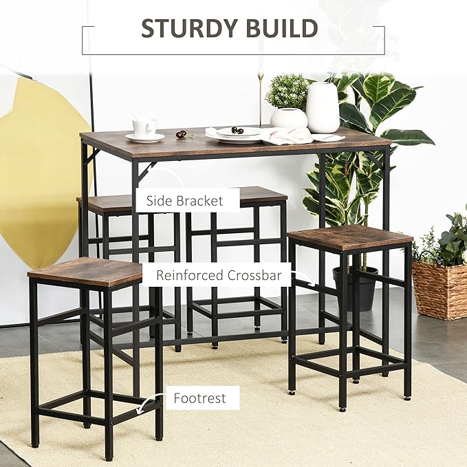 NicBex Dining Table Set for 4 Kitchen & Dining Room Tables 5-Piece Industrial Dining Table Set, Bar Table & 4 Stools Set, Space Saving for Pub & Kitchen, Living Room, Rustic Brown - LeafyLoom