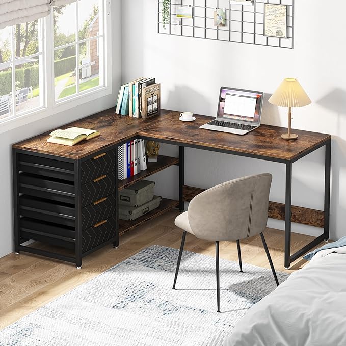 59-Inch L Shaped Desk with Drawers, Large Computer Desk with Storage Shelves, Reversible L-Shaped Corner Desk Workstation for Home Office - LeafyLoom