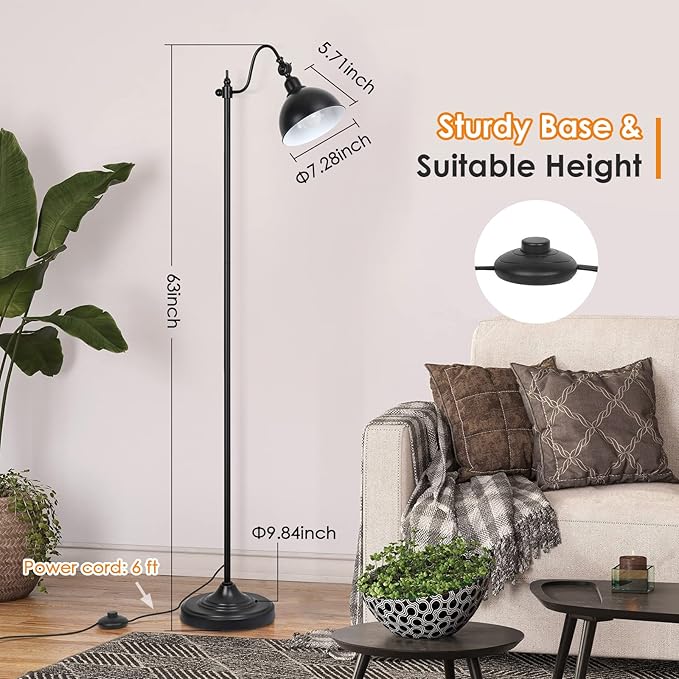 Mlambert Industrial Floor Lamp,63” LED Standing Lamp Modern with 11W A19 LED Bulb,Adjustable Head,Foot Switch,Metal Lamp for Livingroom,Stand Light - LeafyLoom
