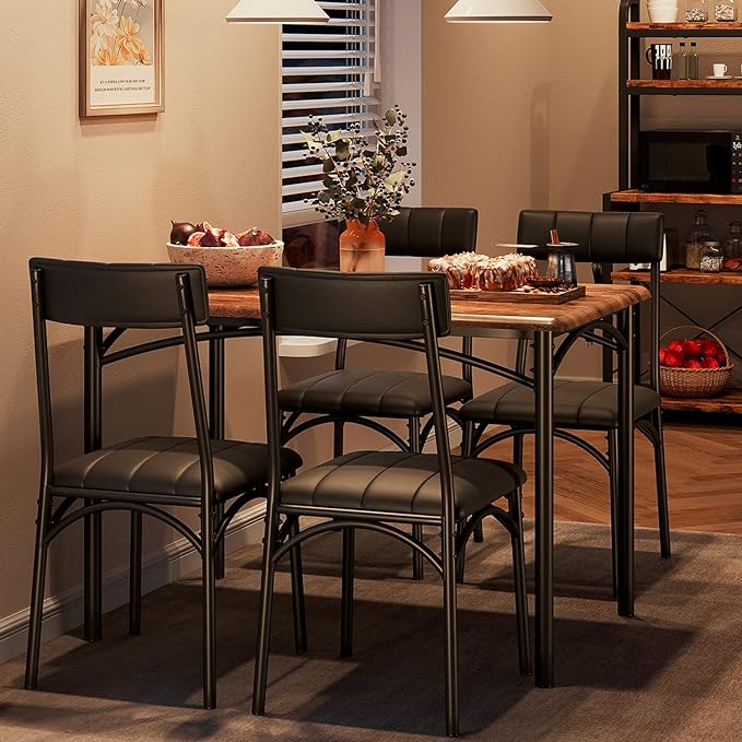 IDEALHOUSE Dining Table Set for 4, Kitchen Table and Chairs for 4, Rectangular Dining Room Table Set with 4 Upholstered Chairs, 5 Piece Kitchen Table Set for Small Space, Apartment, Retro Brown - LeafyLoom