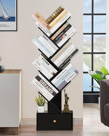 8 Tier Tree Bookshelf with Drawer, Free Standing Wood Bookcase for Living Room, Bedroom, Home Office, Space Saving Storage Organizer Bookshelves for Books, CDs, Vinyl Records- Black - LeafyLoom
