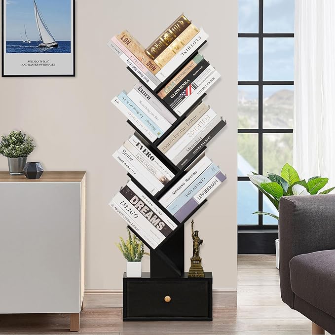 8 Tier Tree Bookshelf with Drawer, Free Standing Wood Bookcase for Living Room, Bedroom, Home Office, Space Saving Storage Organizer Bookshelves for Books, CDs, Vinyl Records- Black - LeafyLoom
