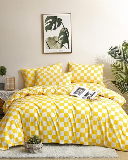 Wellboo Yellow and White Comforter Sets King Women Men Bright Yellow Checkerboard Grid Bedding Comforters Cotton Boys Girls Modern Light Yellow Checkered Geometric Quilts Luxury Elegant Yellow Bed - LeafyLoom