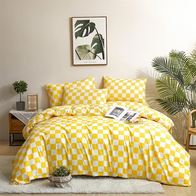 Wellboo Yellow and White Comforter Sets King Women Men Bright Yellow Checkerboard Grid Bedding Comforters Cotton Boys Girls Modern Light Yellow Checkered Geometric Quilts Luxury Elegant Yellow Bed - LeafyLoom