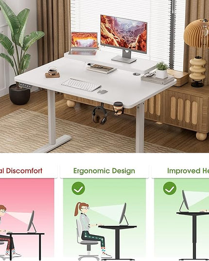 Electric Standing Desk with Monitor Shelf, 47 x 24 Inches Height Adjustable Corner Table, Computer Workstation with Cup Holder and Hook for Home Office, White, 47x24 Inch - LeafyLoom