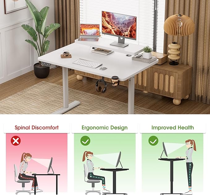 Electric Standing Desk with Monitor Shelf, 47 x 24 Inches Height Adjustable Corner Table, Computer Workstation with Cup Holder and Hook for Home Office, White, 47x24 Inch - LeafyLoom