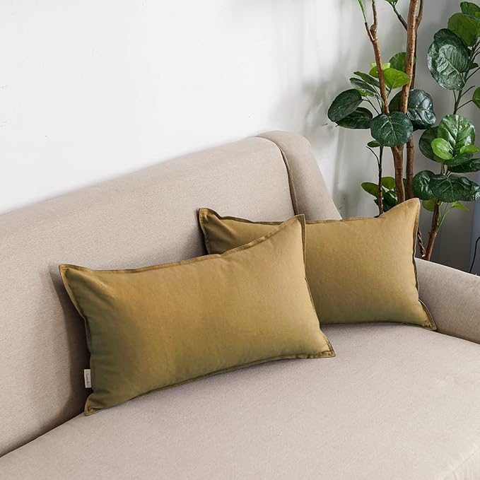 Jeanerlor Natural Cotton Linen Green Decorative 12"x20" Throw Pillow Case Cushion Cover with Twin Needles Stitch on Edge for Lumbar, (30 x 50cm), 2 Pcs, Earth Yellow - LeafyLoom