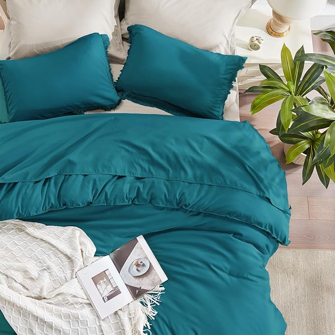 Andency Turquoise Comforter Twin Size, 2 Pieces Boho Teal Tassel Lightweight Bedding Comforter Sets for Twin Bed, Teal Blue All Season Soft Fluffy Fringe Bed Set (66x90In Comforter & 1 Pillowcase) - LeafyLoom