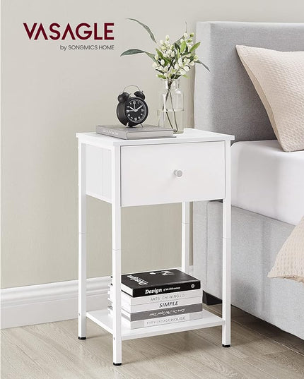 VASAGLE Nightstand, Side Table with Fabric Drawer, 24-Inch Tall End Table with Storage Shelf, Bedroom, White ULGS021W14 - LeafyLoom