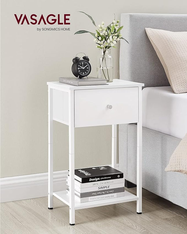 VASAGLE Nightstand, Side Table with Fabric Drawer, 24-Inch Tall End Table with Storage Shelf, Bedroom, White ULGS021W14 - LeafyLoom
