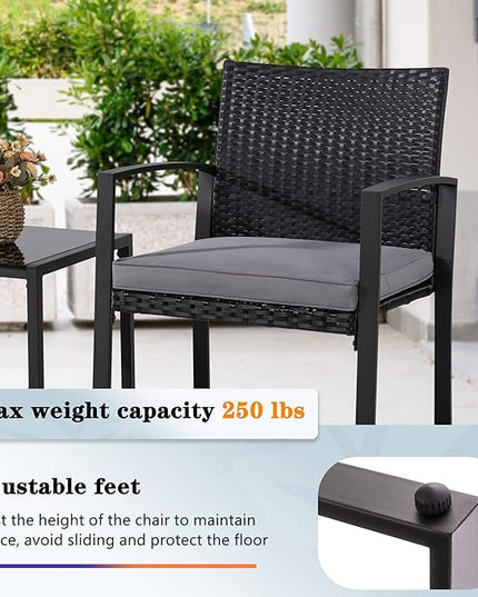 Shintenchi 3 Pieces Outdoor Patio Furniture Set, Modern Wicker Bistro Set, Conversation Rattan Chair of 2 with Coffee Table for Yard Porch Poolside Lawn(Grey Cushion) - LeafyLoom