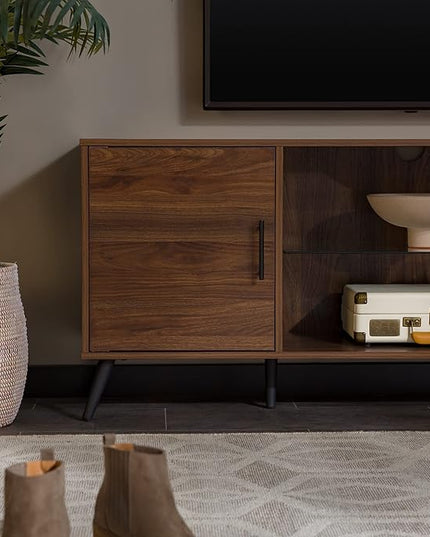Walker Edison Saxon Mid Century Modern Glass Shelf TV Stand for TVs up to 65 Inches, 60 Inch, Walnut - LeafyLoom