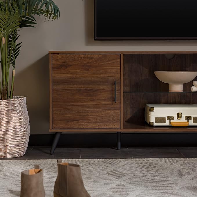 Walker Edison Saxon Mid Century Modern Glass Shelf TV Stand for TVs up to 65 Inches, 60 Inch, Walnut - LeafyLoom