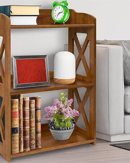 Side Table 3 Tier Bookshelf, Natural Wood Bookcase with Storage Shelf, Table Nightstand, Small Bookshelf, Open Bookcase, Display Rack for Office, Bedroom, Living Room and Kitchen (Brown) - LeafyLoom