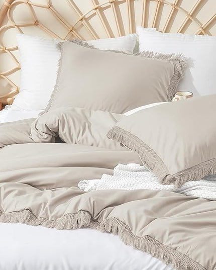 Litanika Linen Grey Cal King Size Comforter Set, Boho Tassel Comforter Aesthetic 3 Pieces, Lightweight Fringe Microfiber Bedding Set for All Season(1 Comforter 104x96 inch, 2 Pillowcases) - LeafyLoom