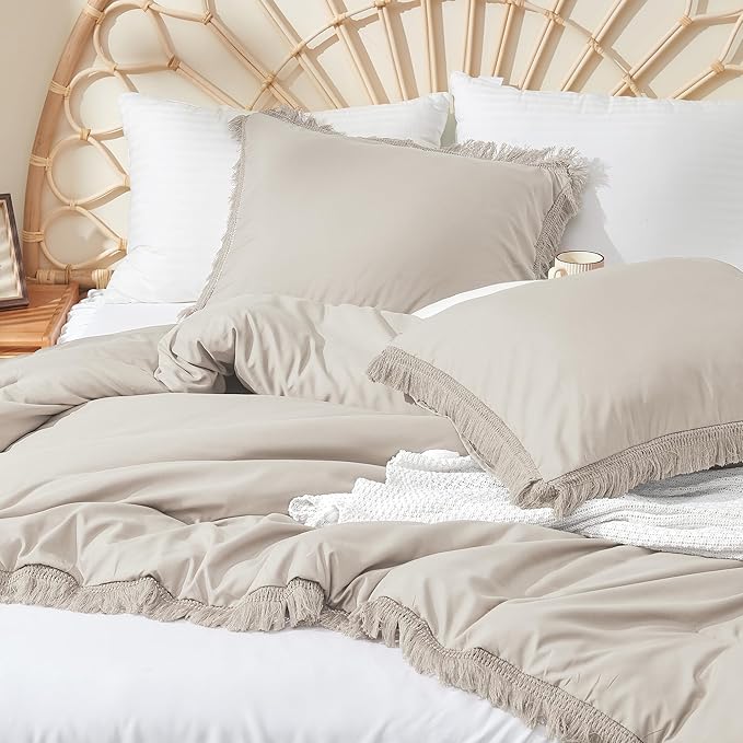 Litanika Linen Grey Cal King Size Comforter Set, Boho Tassel Comforter Aesthetic 3 Pieces, Lightweight Fringe Microfiber Bedding Set for All Season(1 Comforter 104x96 inch, 2 Pillowcases) - LeafyLoom