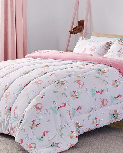 SLEEP ZONE Kids Bedding Comforter Set Full/Queen Size - Super Soft & Cute Printed 3-Piece Comforter Set All Seasons for Boys, Girls, Fade Resistant, Machine Washable, Princess Castle - LeafyLoom