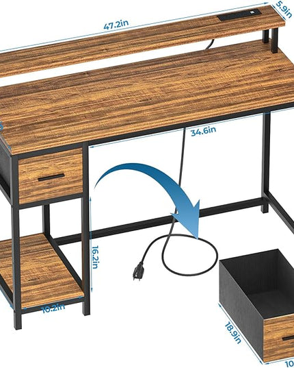 GreenForest Computer Desk with Drawers 47 inch,Gaming Desk with LED Lights & Power Outlets Small Desk with Monitor Stand and Reversible Shelf,Walnut - LeafyLoom