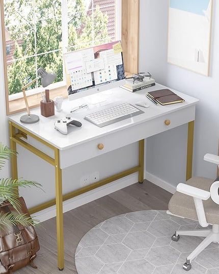 Weehom Computer Desk with Drawers, Home Office Desk for Writing, Studying, and Gaming - Sturdy and Spacious Workstation for PC and Laptop(White and Gold) - LeafyLoom