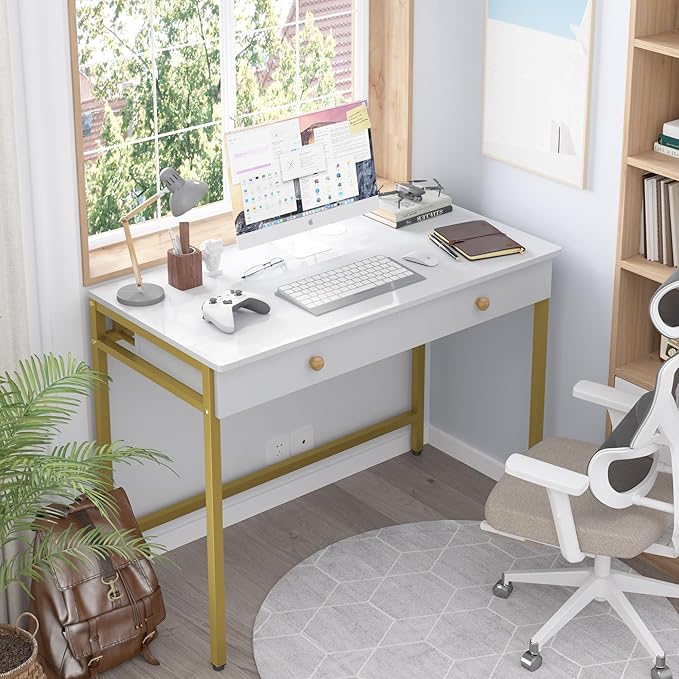 Weehom Computer Desk with Drawers, Home Office Desk for Writing, Studying, and Gaming - Sturdy and Spacious Workstation for PC and Laptop(White and Gold) - LeafyLoom
