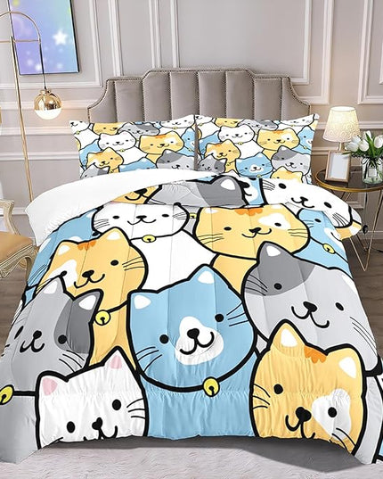 Kids Cat Comforter Set - Cat Comforter - Queen Size Comforter Set for Kids Kawaii Cat Bedding Set Cartoon Cats Print Bedding Sets for Girls Kids Cute Cat Quilt Sets with 2 Pillowcases - LeafyLoom