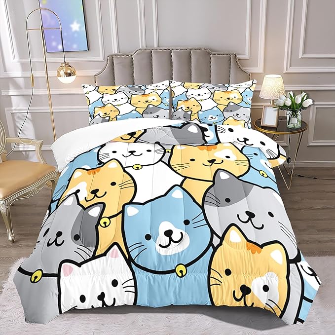 Kids Cat Comforter Set - Cat Comforter - Queen Size Comforter Set for Kids Kawaii Cat Bedding Set Cartoon Cats Print Bedding Sets for Girls Kids Cute Cat Quilt Sets with 2 Pillowcases - LeafyLoom
