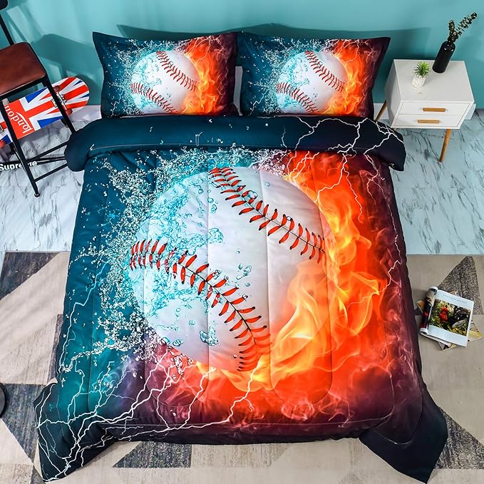 Andency 3D Baseball Comforter Twin(66x90 Inch), 2 Pieces(1 Baseball Comforter, 1 Pillowcase) Sport Microfiber Baseball Comforter Bedding Set for Boy Kids - LeafyLoom