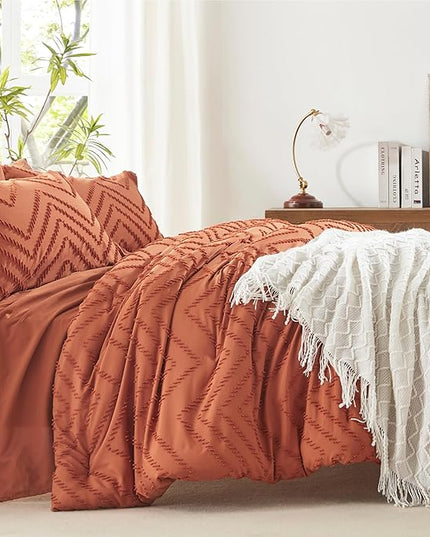 Anluoer Full Comforter Set, Burnt Orange Tufted Bed in a Bag 7 Pieces with comforters and sheets, All Season Bedding Sets with 1 Comforter, 2 PillowShams, 2 Pillowcases, 1 Flat Sheet, 1 Fitted Sheet - LeafyLoom