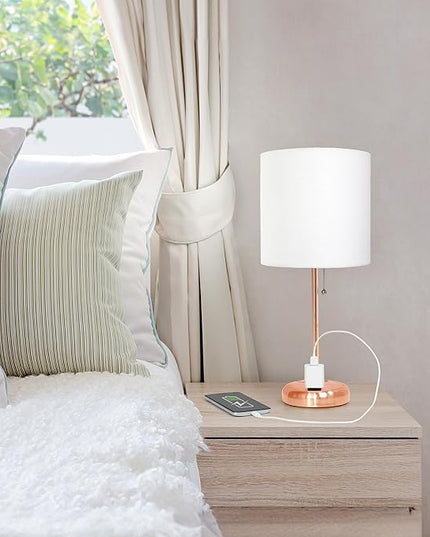 Simple Designs LT1144-RGD Sleek and Slender Rose Gold Table Lamp with Charging Outlet, for Bedroom, Living Room, Entryway, Office, Dining Room, Study, White Shade - LeafyLoom