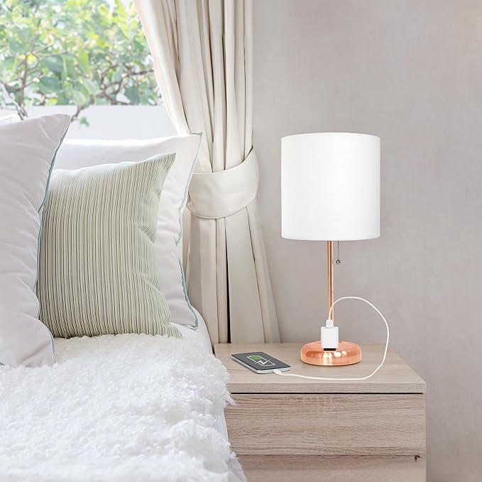 Simple Designs LT1144-RGD Sleek and Slender Rose Gold Table Lamp with Charging Outlet, for Bedroom, Living Room, Entryway, Office, Dining Room, Study, White Shade - LeafyLoom