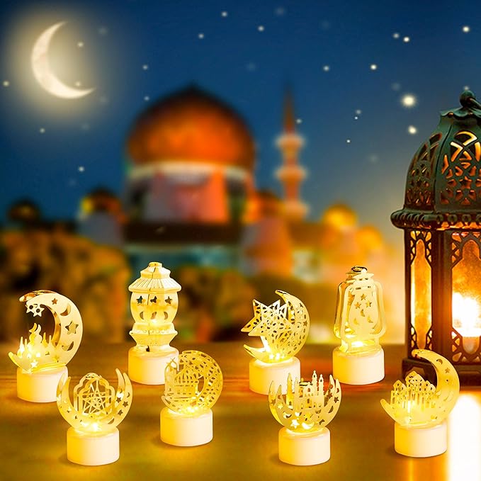 Ramadan Mini Lantern Lights Decorations 12Pcs Eid Mubarak Plastic LED Night Light with Lamp Battery Moon Castle Decorative Hanging Lantern for Mubarak Home Party Tabletop Decorations - LeafyLoom