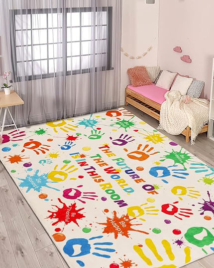 Colorful Kids Rug, Washable Rug for Kids, Handprints Area Rugs for Kids Bedroom, Non-Slip Play Mat Ultra Soft Thick Indoor Plush Rugs for Playroom Classroom Nursery Decor (78.7 X 59 INCH) - LeafyLoom