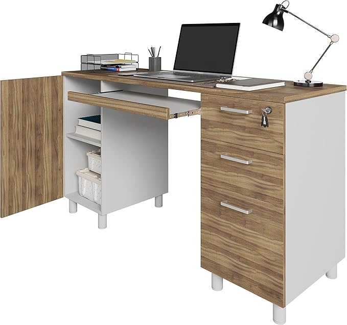Modern Design By Crafts & comfort Venice Computer Desk - Office Desk with 3 Drawers & CPU Storage Cabinet - Laptop Workstation with Keyboard Tray & Cable Hole - Home & Office Supplies -Cass/White - LeafyLoom