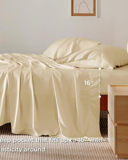 Bedsure California King Sheet Sets, Cooling Sheets, Rayon Derived from Bamboo, Deep Pocket Up to 16", Breathable & Soft Bed Sheets, Hotel Luxury Silky Bedding Sheets & Pillowcases, Alabaster Gleam - LeafyLoom