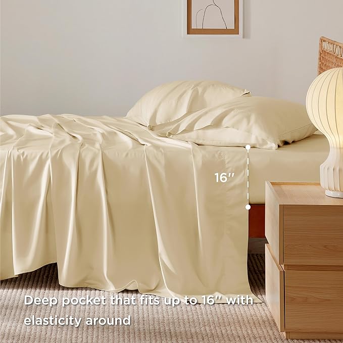 Bedsure California King Sheet Sets, Cooling Sheets, Rayon Derived from Bamboo, Deep Pocket Up to 16", Breathable & Soft Bed Sheets, Hotel Luxury Silky Bedding Sheets & Pillowcases, Alabaster Gleam - LeafyLoom