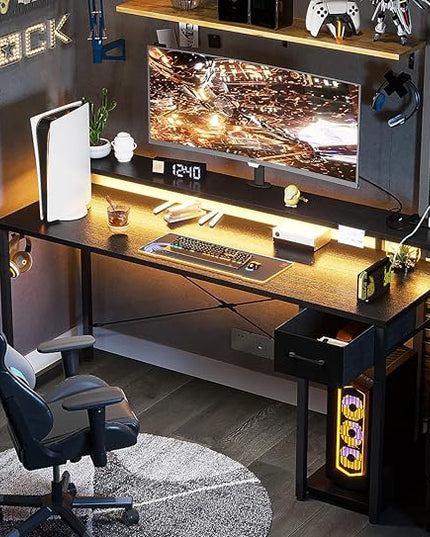 AODK Gaming Desk with LED Lights & Power Outlet, 55 Inch Computer Desk with Drawer, Reversible Desk with Adjustable Monitor Shelf & Headphone Hook for Home Office, Black - LeafyLoom