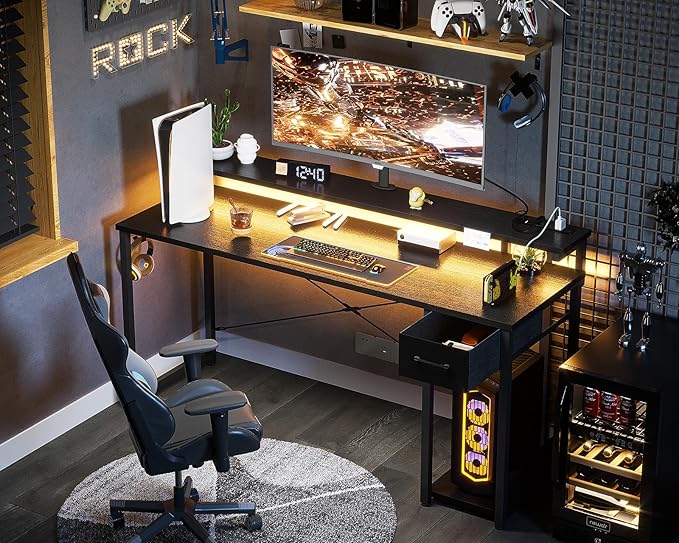 AODK Gaming Desk with LED Lights & Power Outlet, 55 Inch Computer Desk with Drawer, Reversible Desk with Adjustable Monitor Shelf & Headphone Hook for Home Office, Black - LeafyLoom