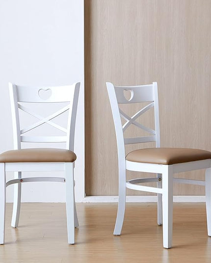 Livinia Heart X-Back Dining Chair Set of 2, Solid Malaysian Oak PU Leather Upholstered Cushion Seat Wooden Cross Back Side Chairs (White) - LeafyLoom