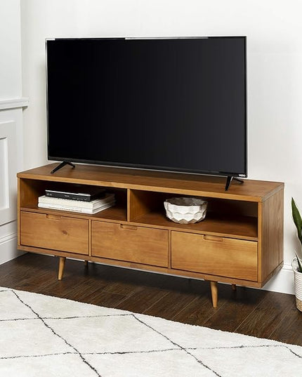 Walker Edison 3-Drawer Mid Century Modern Wood TV Stand for TV's up to 65" Flat Screen Cabinet Door Living Room Storage Entertainment Center, 58 Inch, Caramel - LeafyLoom