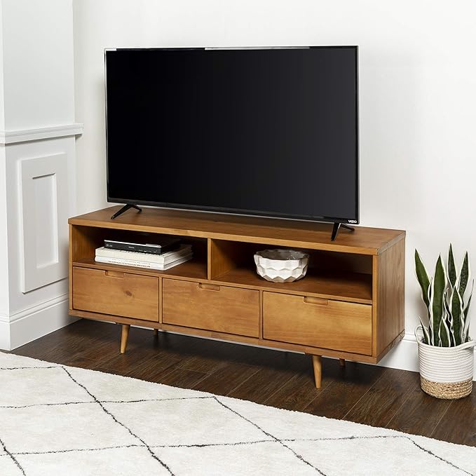 Walker Edison 3-Drawer Mid Century Modern Wood TV Stand for TV's up to 65" Flat Screen Cabinet Door Living Room Storage Entertainment Center, 58 Inch, Caramel - LeafyLoom