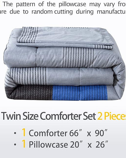 Andency Twin Comforter Set Blue (66x90 Inch), 2 Pieces Patchwork Striped Comforter Bed Sets for Boys, Soft Microfiber Down Alternative Comforter Bedding Set with Corner Loops - LeafyLoom