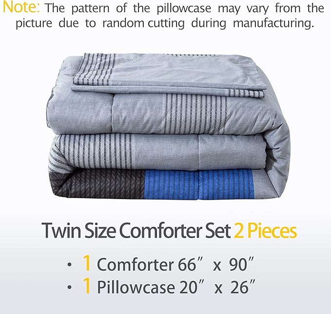 Andency Twin Comforter Set Blue (66x90 Inch), 2 Pieces Patchwork Striped Comforter Bed Sets for Boys, Soft Microfiber Down Alternative Comforter Bedding Set with Corner Loops - LeafyLoom