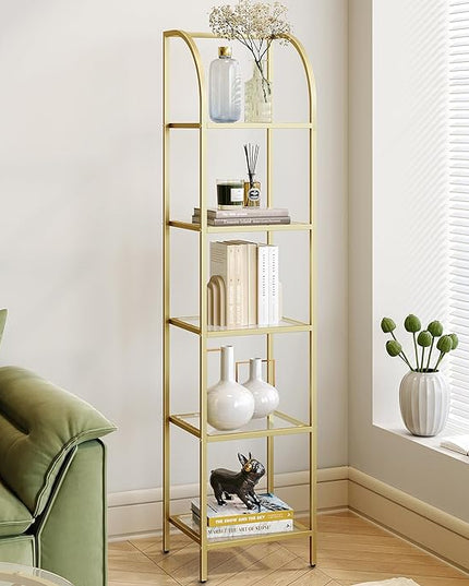 Bookcase Bookshelf, Tempered Glass Arched Bookshelf for More Storage, Slim Shelving Unit for Bedroom, Bathroom, Home Office, Steel Frame, 5 Tier Gold BC20599G - LeafyLoom