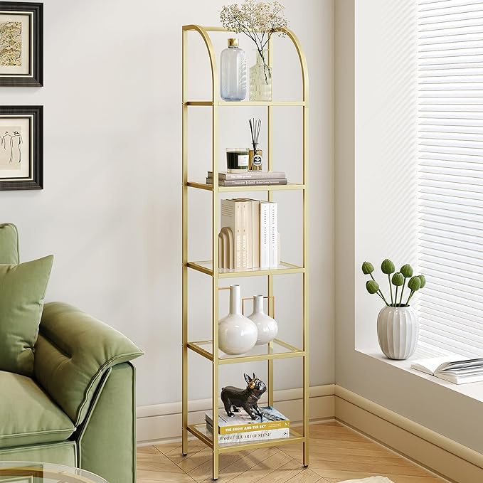Bookcase Bookshelf, Tempered Glass Arched Bookshelf for More Storage, Slim Shelving Unit for Bedroom, Bathroom, Home Office, Steel Frame, 5 Tier Gold BC20599G - LeafyLoom